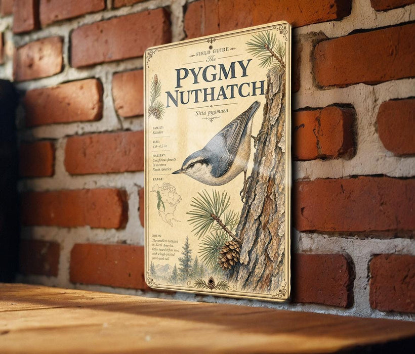 a vintage-style metal plaque with an illustration of a bird perched on a tree trunk, mounted on a brick wall.