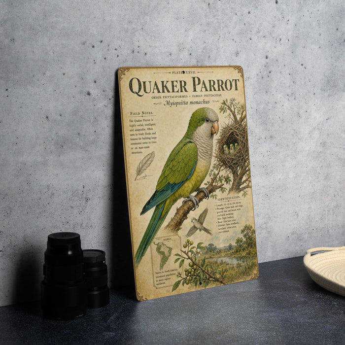 a vintage-style educational poster about Quaker Parrots, with a detailed illustration of the bird and its natural habitat.