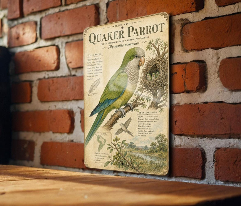 a vintage-style illustration of a Quaker Parrot, a type of parrot, perched on a branch and sitting on a nest. The illustration includes detailed illustrations of the bird's features, such as its vibrant green and blue plumage, and the nest it is sitting on. The image is set against a brick wall, and there is a wooden table in the foreground.