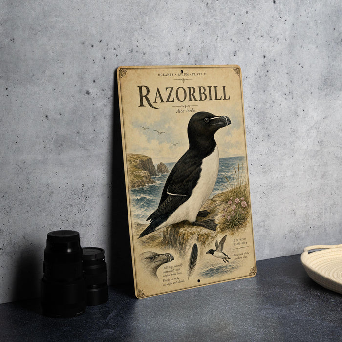 A vintage-style metal plate with an illustration of a razor bill bird, placed on a countertop next to some black camera lenses.
