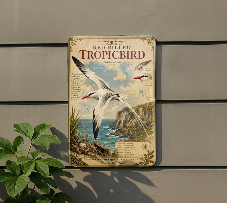 a vintage-style metal sign with a tropical bird illustration, mounted on a wall next to a plant.