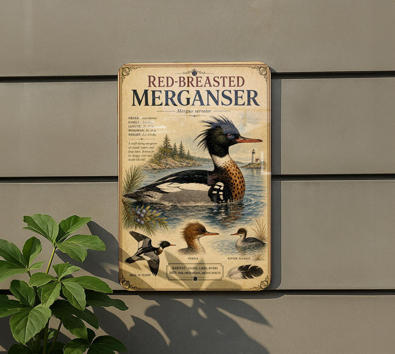 a sign for the Red-breasted Merganser, a type of bird, mounted on a wall.