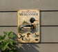a sign for the Red-breasted Merganser, a type of bird, mounted on a wall.