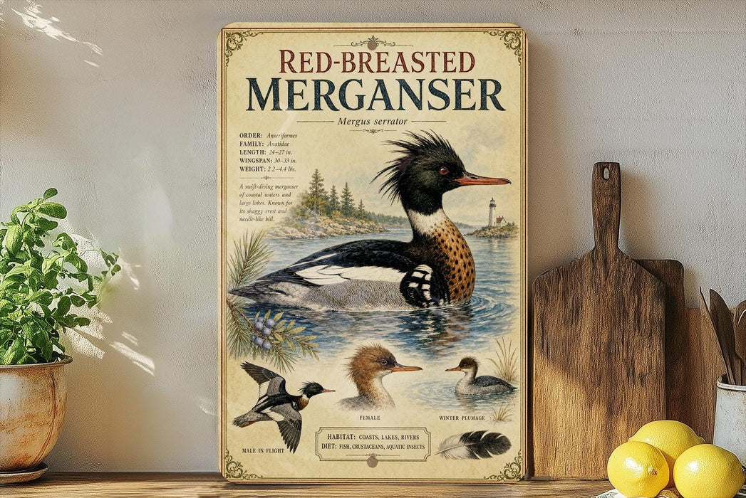 a poster of a red-breasted merican, a type of bird, displayed on a shelf next to a wooden cutting board and some lemons.