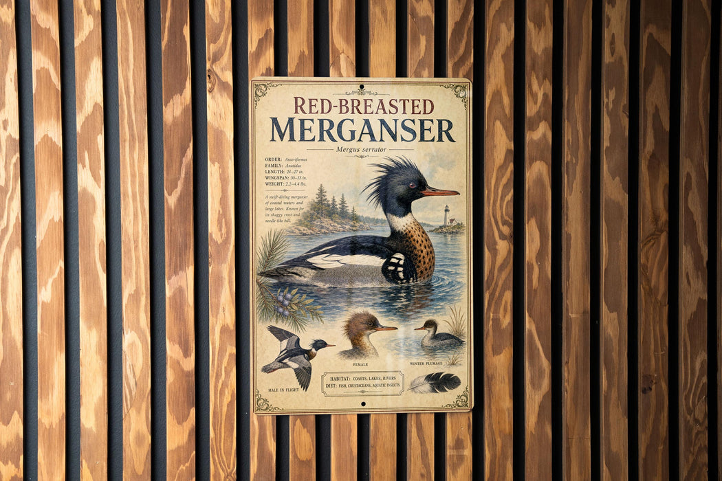 A metal sign with a picture of a red-breasted merganser duck, mounted on a wooden wall.