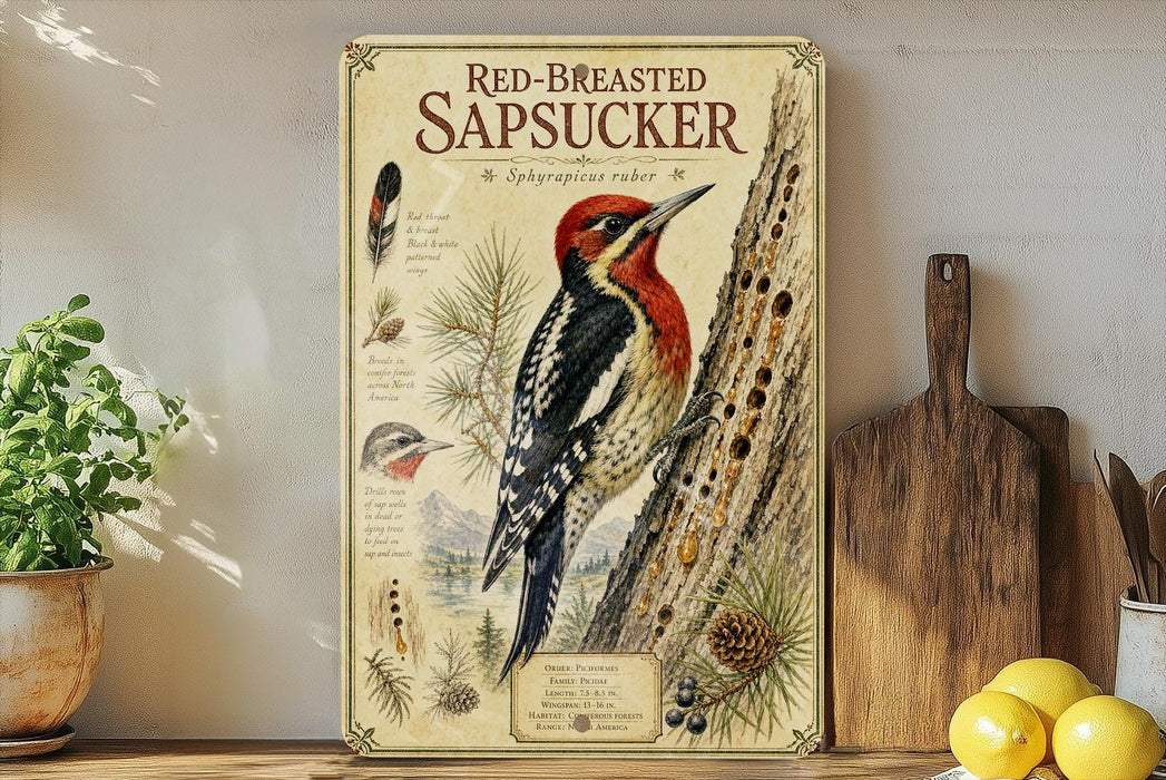 a vintage-style poster of a red-breasted sapsucker, a type of woodpecker, with detailed illustrations and text.