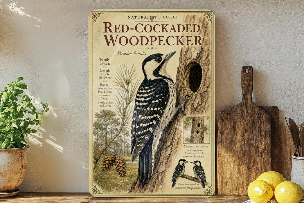 a vintage-style poster or book titled "Red-Cocked Woodpecker" with illustrations of the bird and its natural habitat, including pine trees and pine cones.