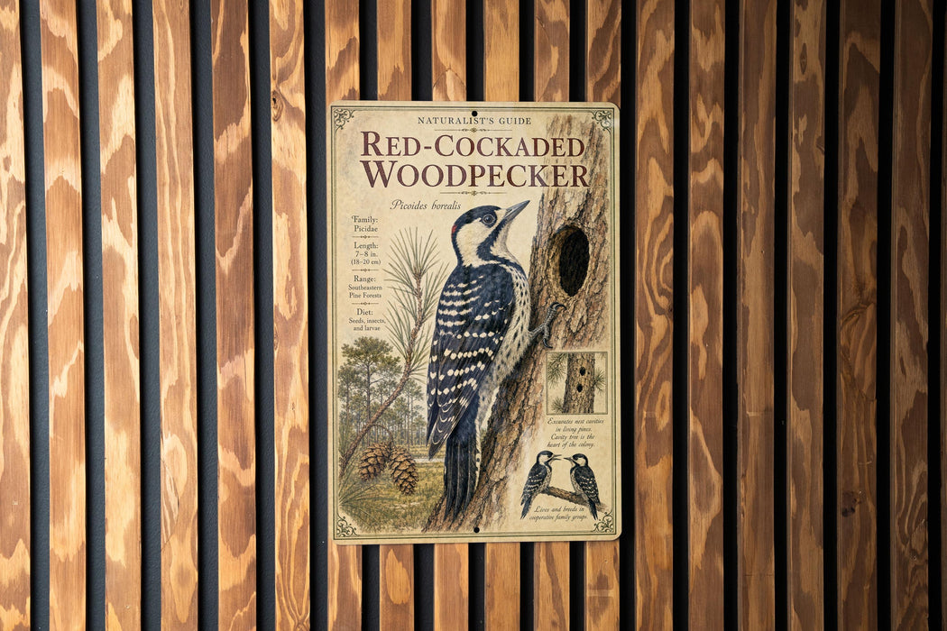 a vintage-style guide to the Red-Cockaded Woodpecker, with a detailed illustration of the bird perched on a tree trunk.