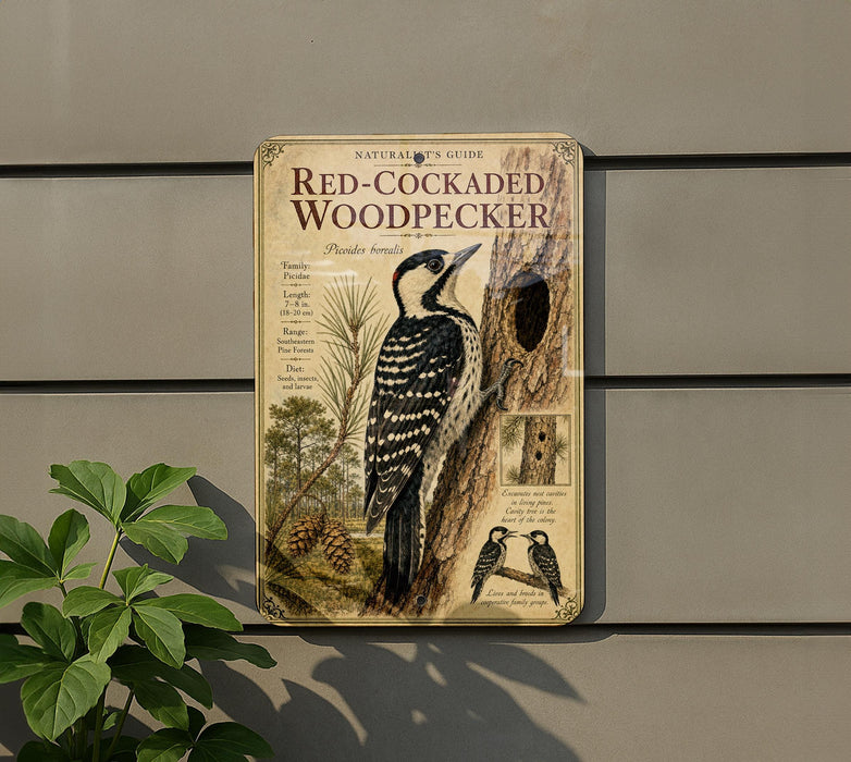 a metal sign with a detailed illustration of a red-cocked woodpecker, mounted on a wall next to a plant.