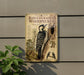 a metal sign with a detailed illustration of a red-cocked woodpecker, mounted on a wall next to a plant.