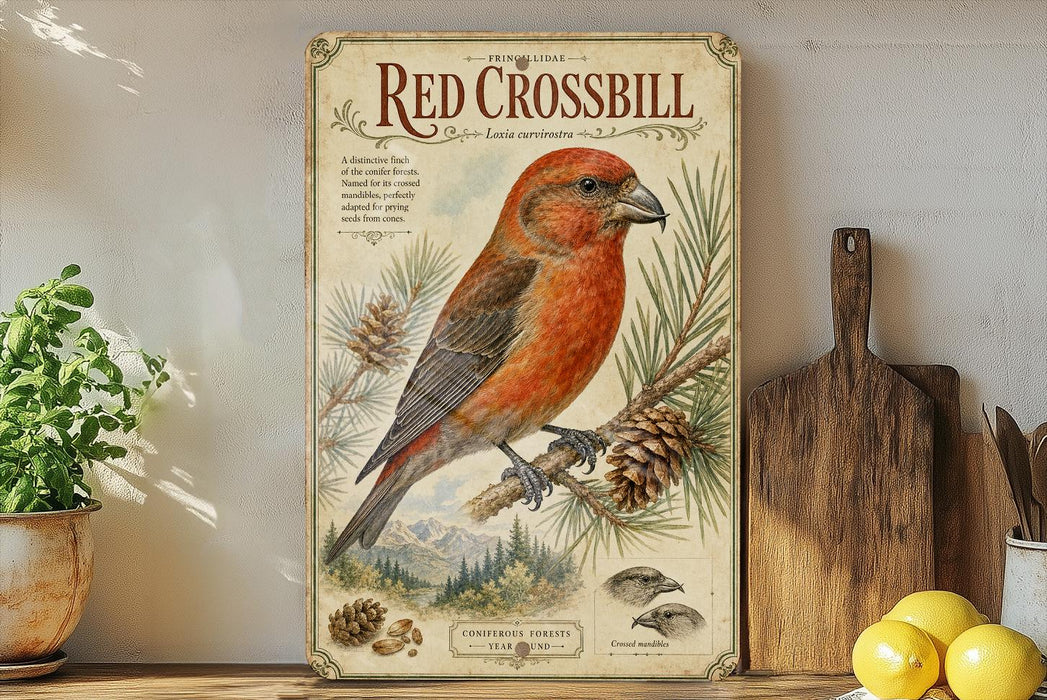 a vintage-style illustration of a red crossbill bird perched on a pine branch, surrounded by pine cones and pine needles. The bird is the main focus of the image, which is set against a backdrop of pine trees and mountains. The illustration is framed by a decorative border, and the text "The red crossbill" is prominently displayed at the top.