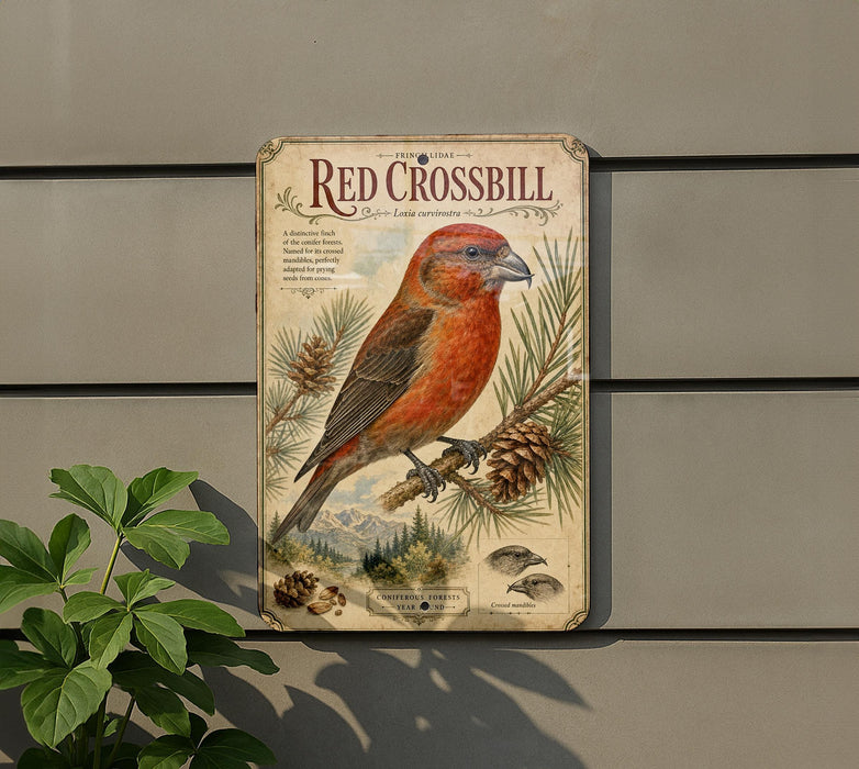 a vintage-style metal sign with a detailed illustration of a red crossbill bird perched on a pine branch.