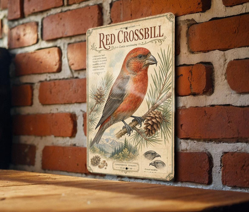 a vintage-style metal sign with a red bird perched on a pine branch, set against a brick wall.