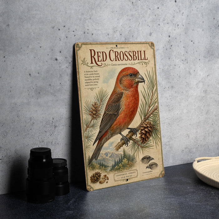 a vintage-style illustration of a red crossbill bird perched on a pine branch, surrounded by pine cones and pine needles.