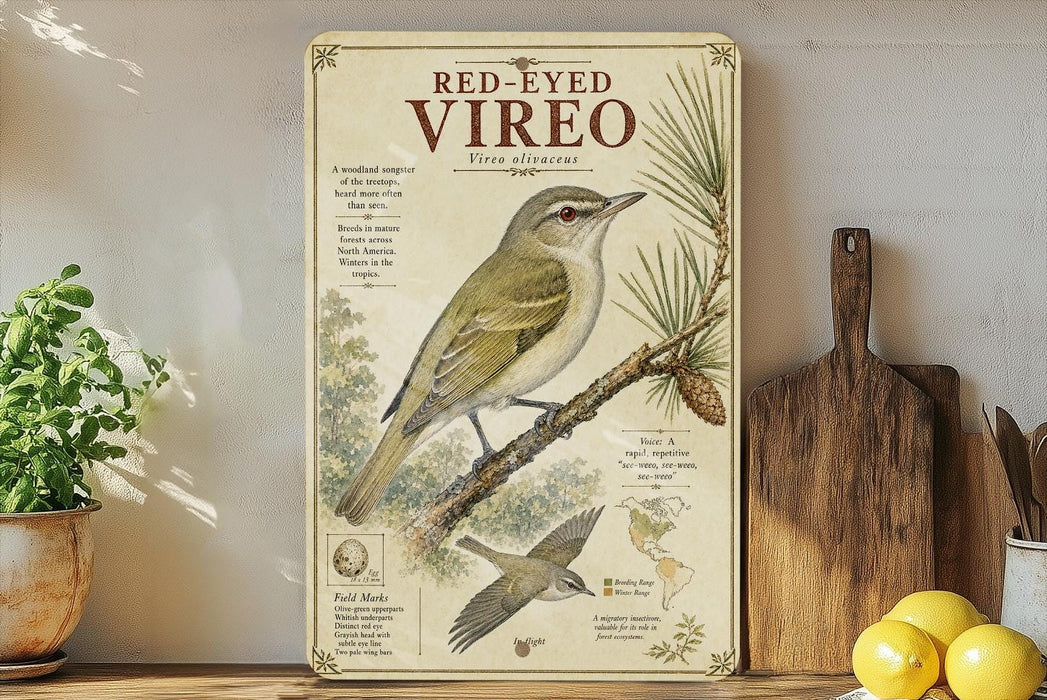 a vintage-style illustration of a red-eyed vireo, a type of bird, on a branch with pine needles. The illustration includes text and a map, providing information about the bird and its natural habitat.