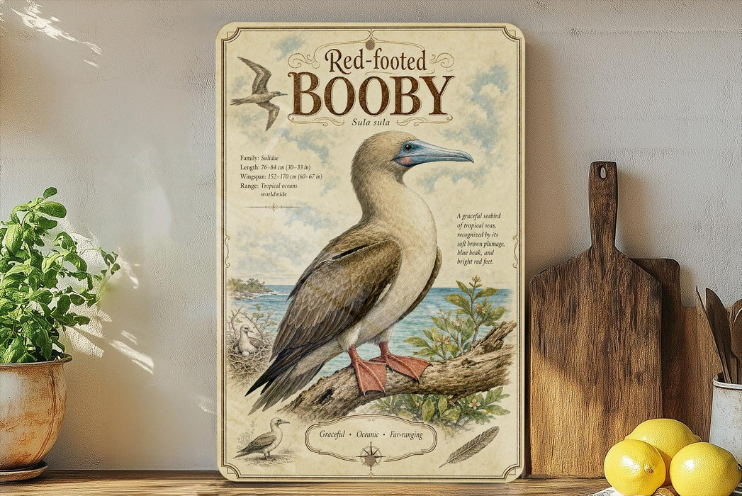 a vintage-style illustration of a red-footed booby, a type of seabird, perched on a branch with a birdhouse design. The illustration is accompanied by text that provides information about the red-footed booby, including its habitat, diet, and conservation status. The image is displayed on a shelf, with a potted plant, a wooden cutting board, and some lemons nearby.