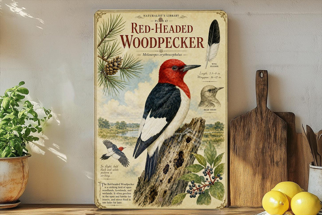a vintage-style poster of a red-headed woodpecker, with illustrations of the bird, pine cones, and other natural elements. The poster is displayed on a shelf next to a wooden cutting board and a potted plant.
