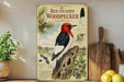 a vintage-style poster of a red-headed woodpecker, with illustrations of the bird, pine cones, and other natural elements. The poster is displayed on a shelf next to a wooden cutting board and a potted plant.