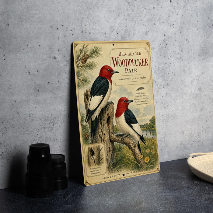 A vintage-style metal plaque featuring illustrations of two red-headed woodpeckers perched on tree stumps, with text describing the species.