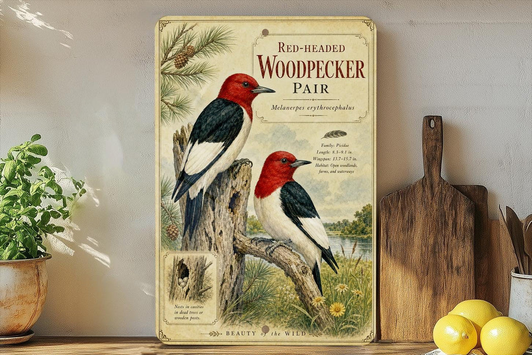 a vintage-style illustration of a pair of red-headed woodpeckers perched on a tree branch, surrounded by pine needles and flowers. The illustration is set against a backdrop of a natural landscape, with a potted plant and a wooden cutting board visible in the foreground.