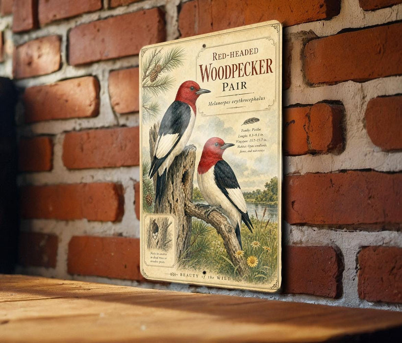 A vintage-style metal sign featuring illustrations of two red-headed woodpeckers perched on a tree stump, with text describing the species.