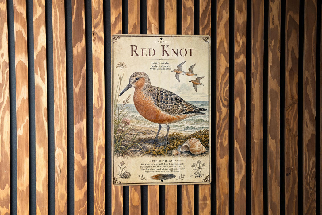 a poster of a red knot bird, which is a type of sandpiper, standing on a beach.