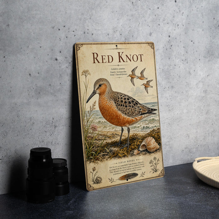 a vintage-style poster or book cover for "Red Knot", a bird species, with an illustration of the bird and its natural habitat.