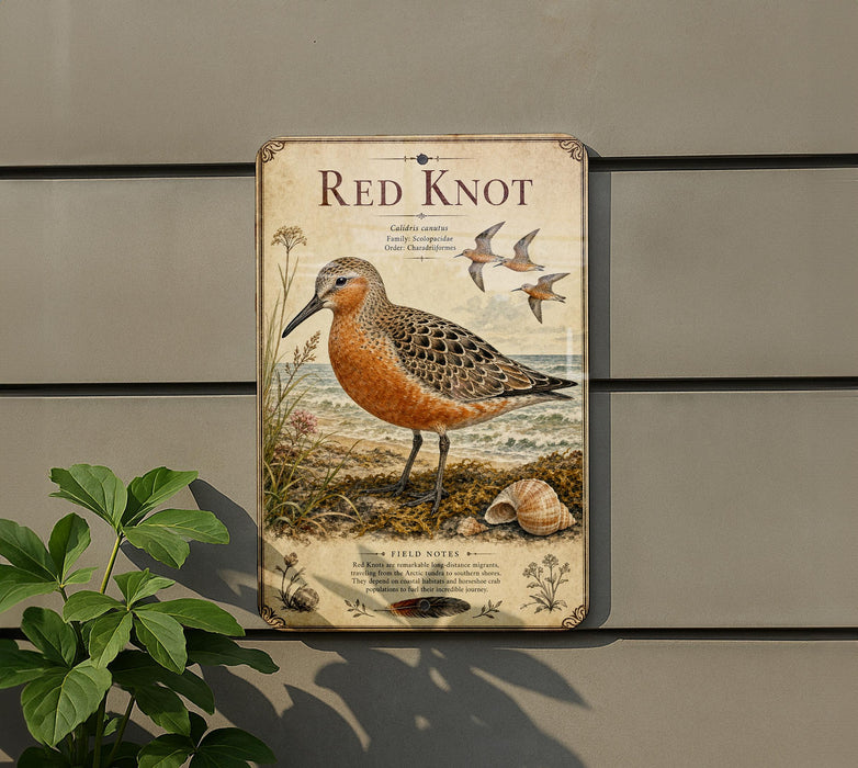 a metal sign with an illustration of a red knot bird, surrounded by various natural elements such as plants and shells.