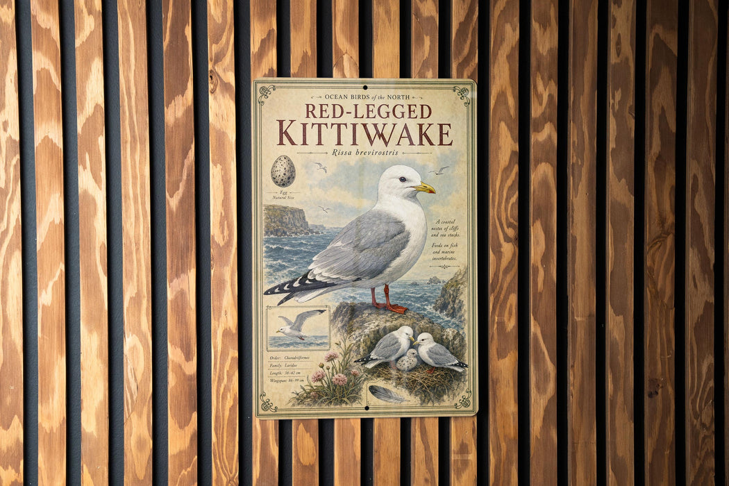 a metal sign with a picture of a seagull, specifically a Red-legged Kittiwake, standing on a rock.