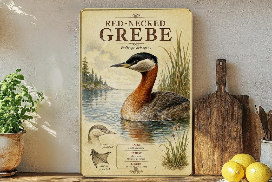 a framed illustration of a red-necked grebe, a type of water bird, swimming in a lake surrounded by tall grass. The grebe is depicted in a detailed manner, with its distinctive black head and orange neck. The image is set against a backdrop of a lake and a forest, creating a serene and natural atmosphere. The grebe is the central focus of the image, with the surrounding elements providing a sense of depth and context.