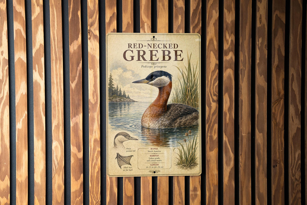 a vintage-style metal sign with a red-necked grebe, a type of water bird, depicted in a lake setting.