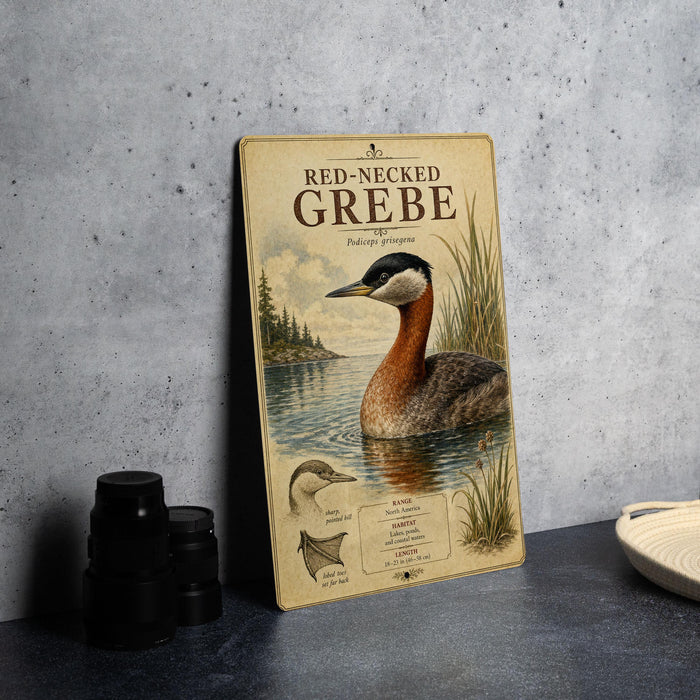 A vintage-style metal plaque with an illustration of a red-necked grebe, a type of water bird, standing in a body of water surrounded by reeds.