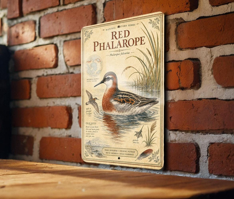 A vintage-style metal sign featuring an illustration of a red phalarope bird, mounted on a brick wall.