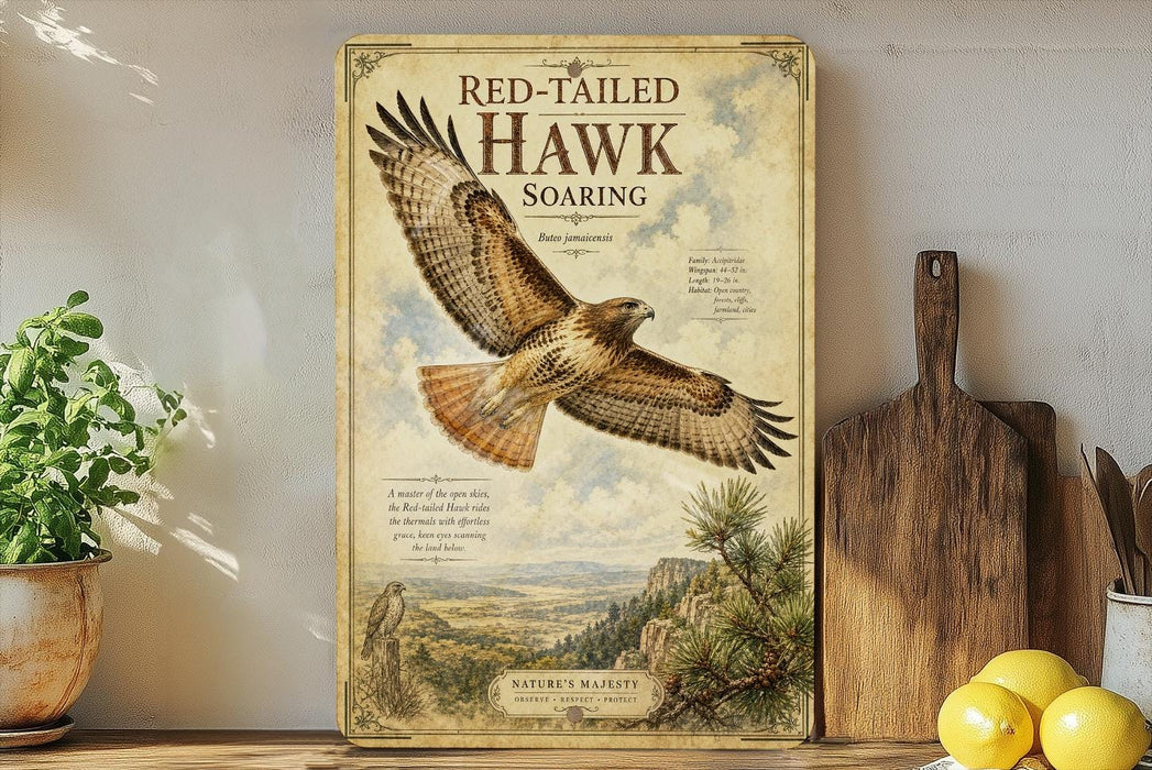 a poster of a red-tailed hawk soaring over a mountainous landscape, with a potted plant to the left and a wooden cutting board to the right.