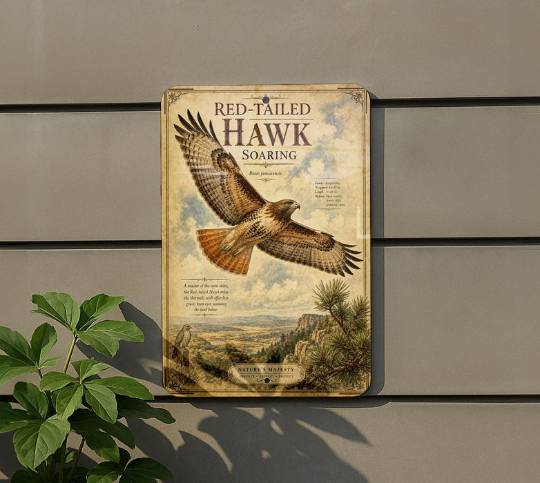 a sign for the Red-tailed Hawk soaring, with a detailed illustration of the bird in flight and a scenic landscape in the background.