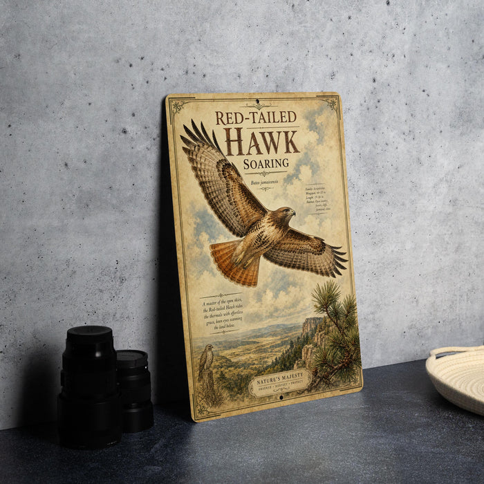 a vintage-style metal sign with an illustration of a red-tailed hawk soaring in the sky, placed on a gray countertop next to some black camera lenses.