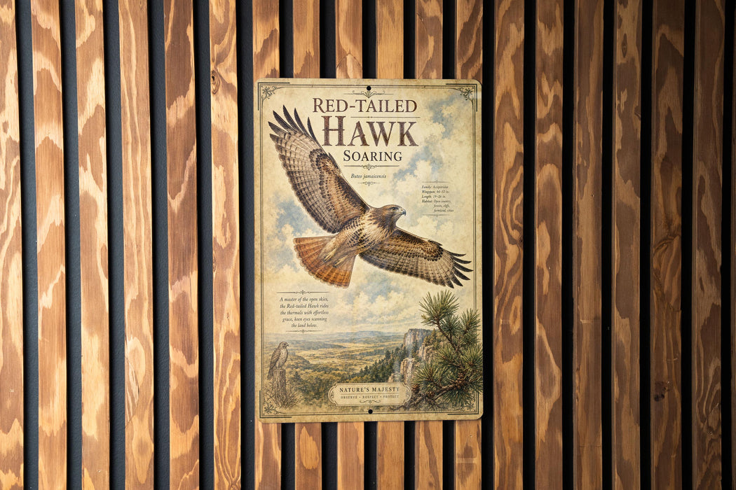 a poster of a red-tailed hawk soaring in the sky, mounted on a wooden wall.