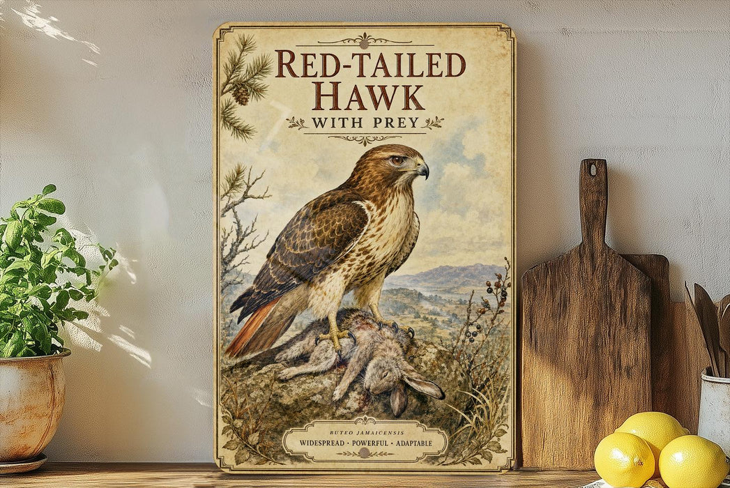 a poster of a red-tailed hawk with a prey, displayed on a shelf next to a wooden cutting board and some lemons.