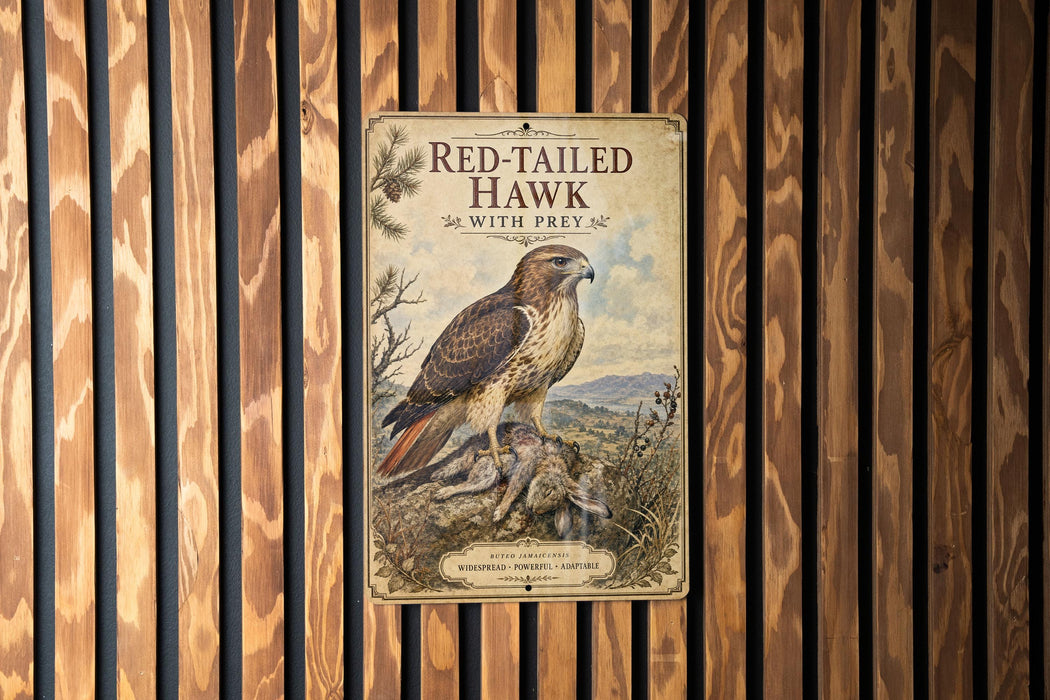 a vintage-style sign with a red-tailed hawk illustration, mounted on a wooden wall.