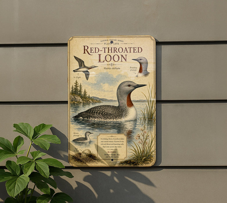 The image is a vintage-style illustration of a red-throated looon, featuring a detailed depiction of the bird in flight and swimming in a body of water.