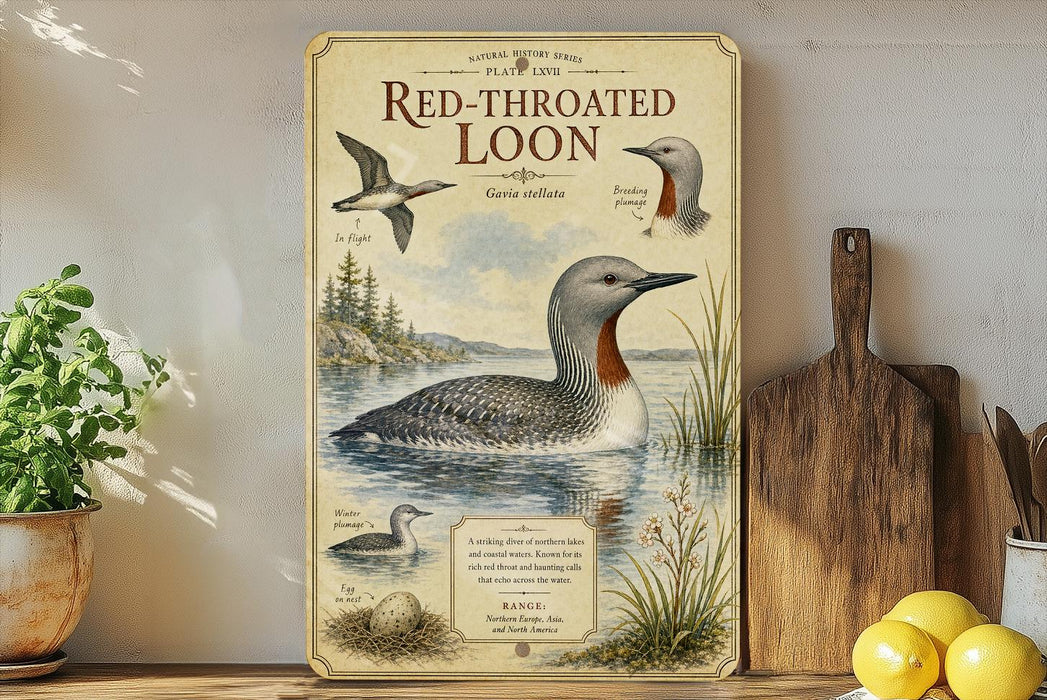 a vintage-style poster of a red-throated loon, with illustrations of the bird and its natural habitat, such as a lake and surrounding vegetation.