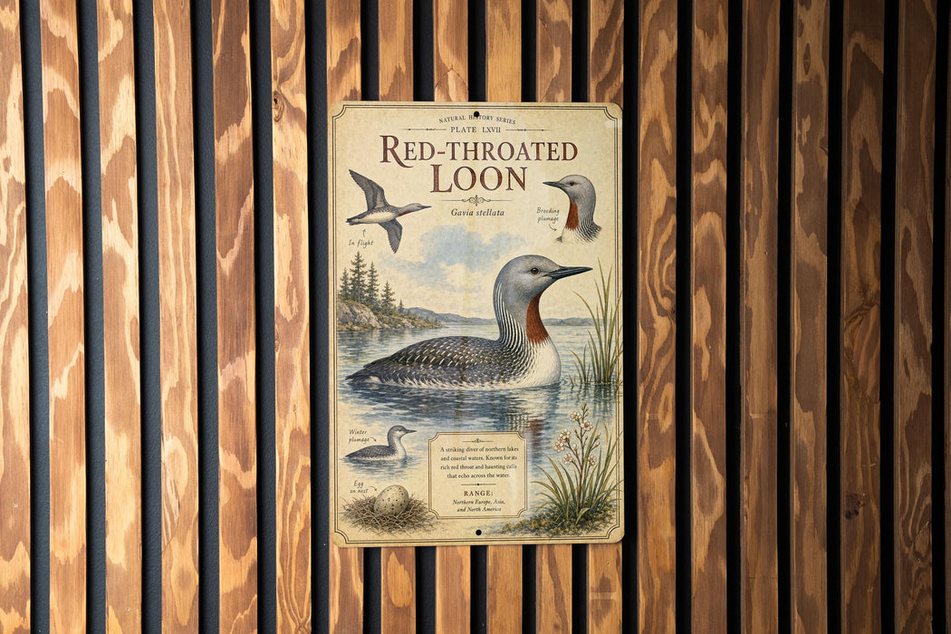 a vintage-style metal plaque with illustrations of birds, specifically a red-throated loon, and text describing the bird species.