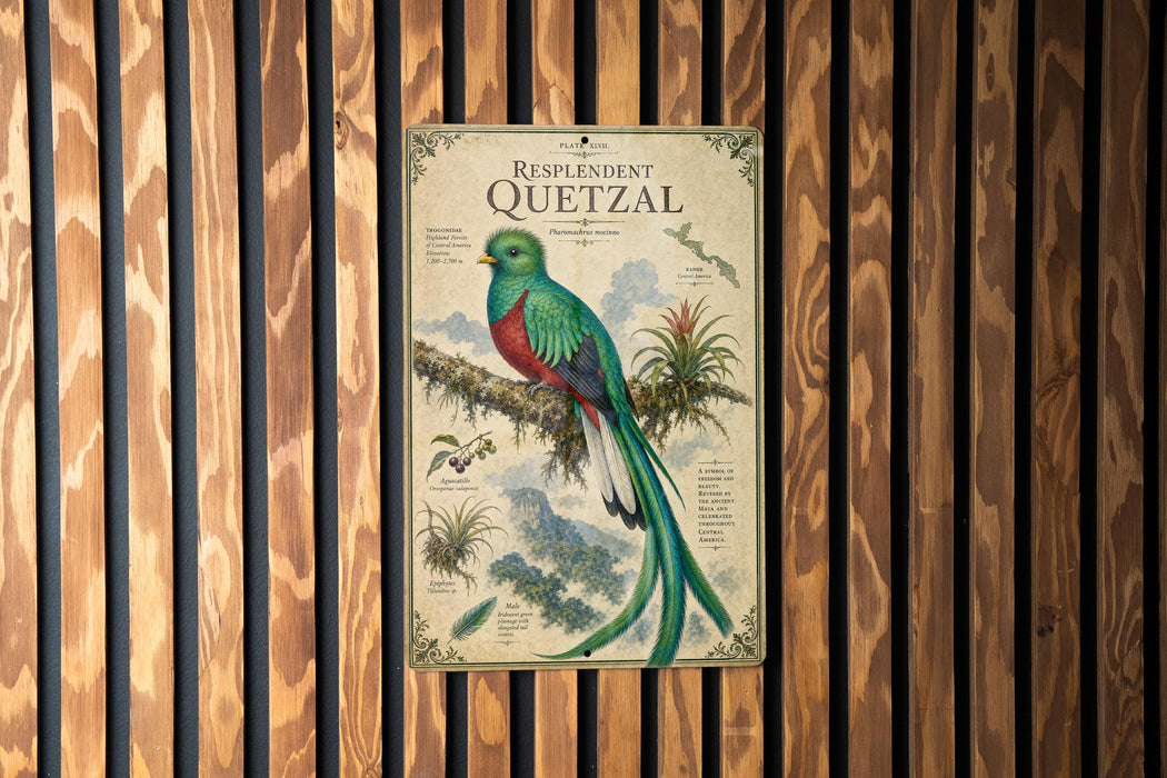 A poster of a colorful bird, likely a quetzal, is displayed on a wooden wall.