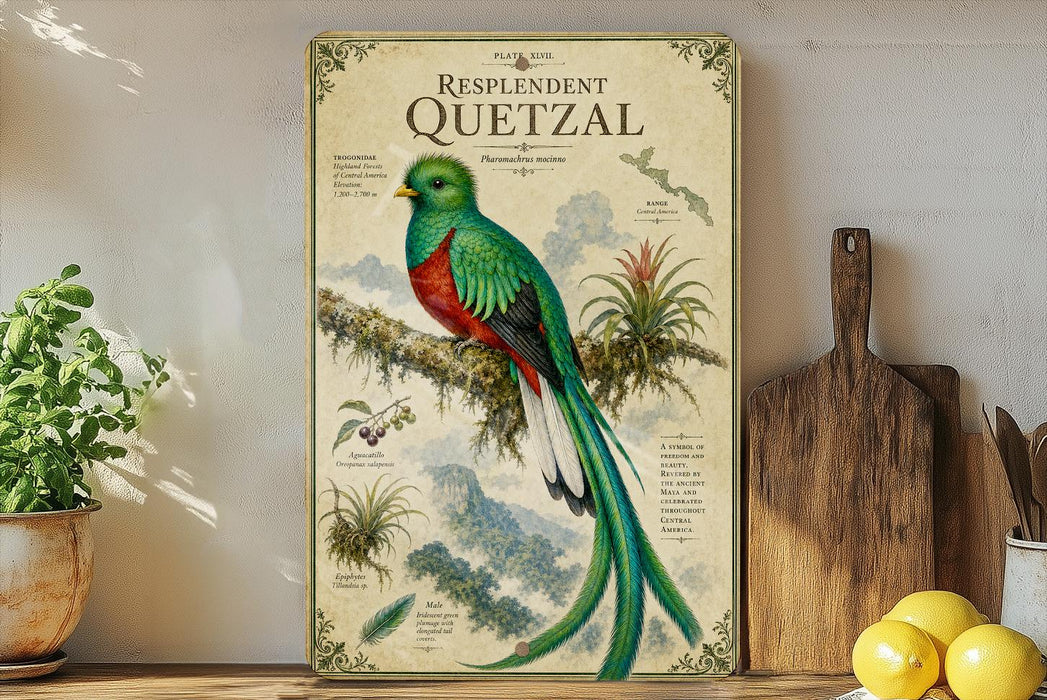 a poster of a quetzal bird, which is a colorful tropical bird, displayed on a wall.
