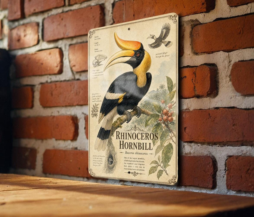 a vintage-style metal sign with an illustration of a hornbill bird, mounted on a brick wall.