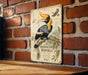 a vintage-style metal sign with an illustration of a hornbill bird, mounted on a brick wall.