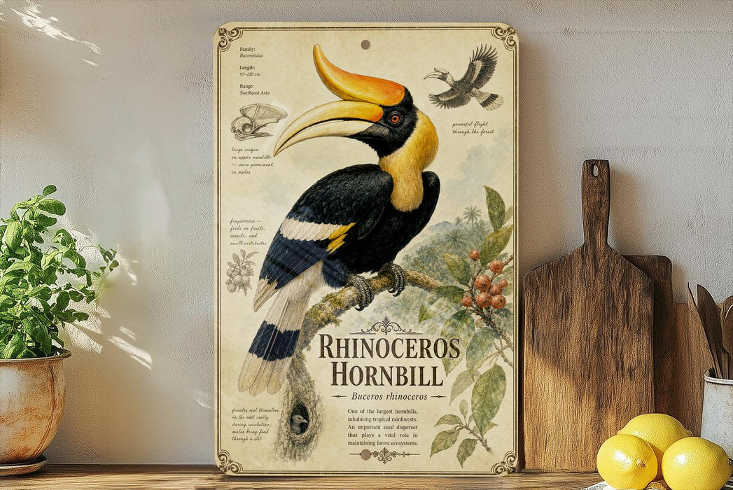 a vintage-style illustration of a hornbill, a large bird with a distinctive long beak, perched on a branch with berries. The illustration is accompanied by text that provides information about the hornbill, including its size, habitat, and diet. The image is displayed on a shelf, with a potted plant, a wooden cutting board, and some fruit visible in the background.