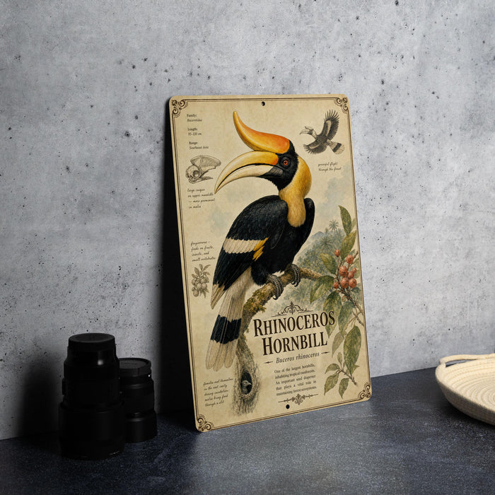 a metal sign with an illustration of a hornbill bird, surrounded by various botanical illustrations and text.