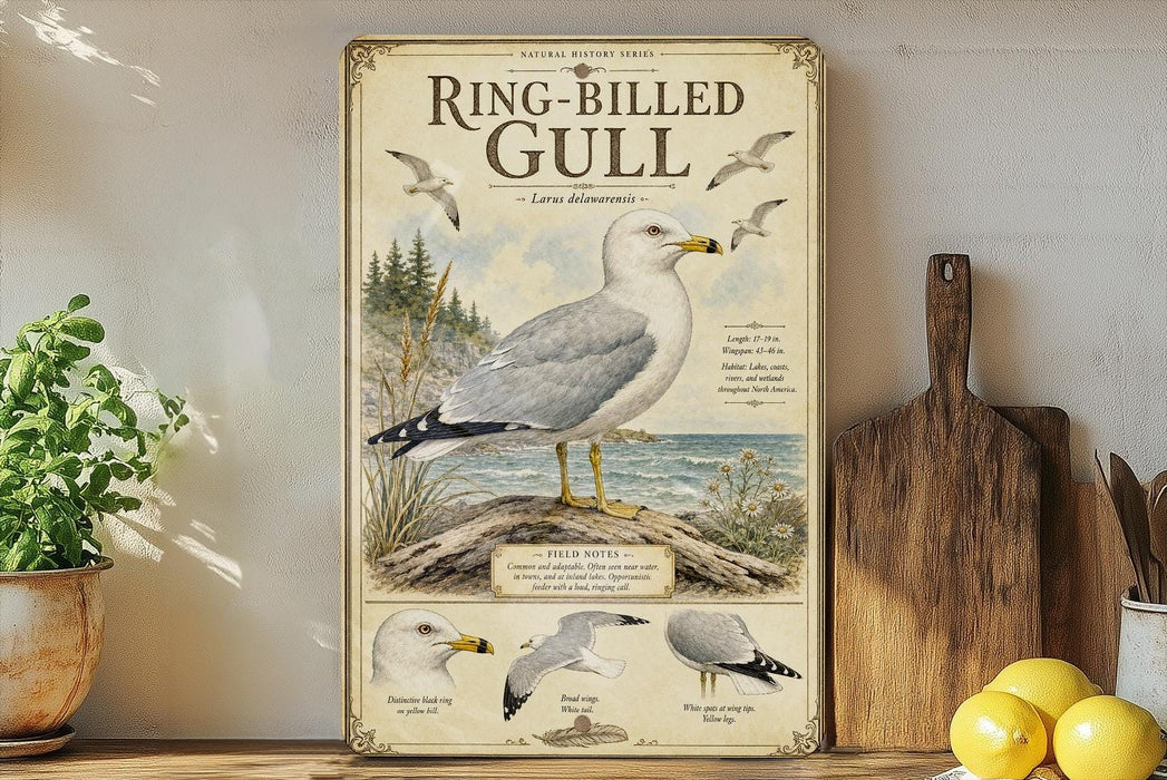 A framed illustration of a ring-billed gull, a seabird, is displayed on a shelf next to a wooden cutting board and a potted plant.