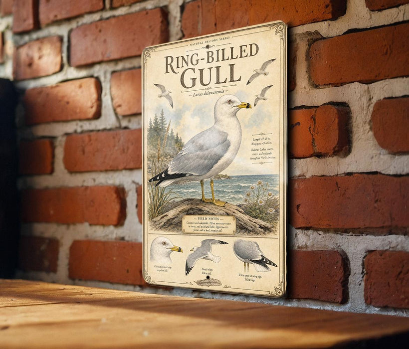 A metal sign with a vintage-style illustration of a ring-billed gull, mounted on a brick wall.